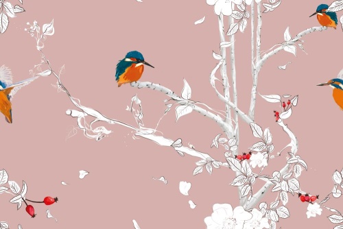 Tapeta ptáčci v hustém lese s růžovým pozadím - 75x1000 cm