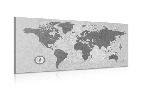 Obraz mapa světa s kompasem v retro stylu v černobílém provedení