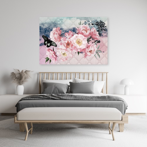 Obraz na plátně, Růžové květiny a černý motýl