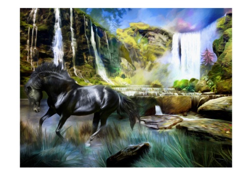 Fototapeta - Horse on the background of sky-blue waterfall