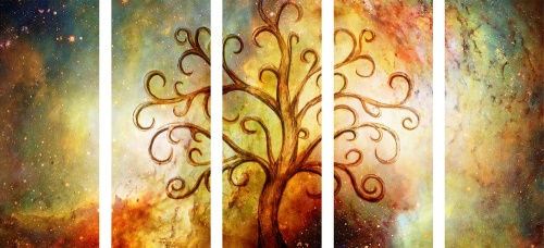 5-dílný obraz strom života s abstrakcí vesmíru