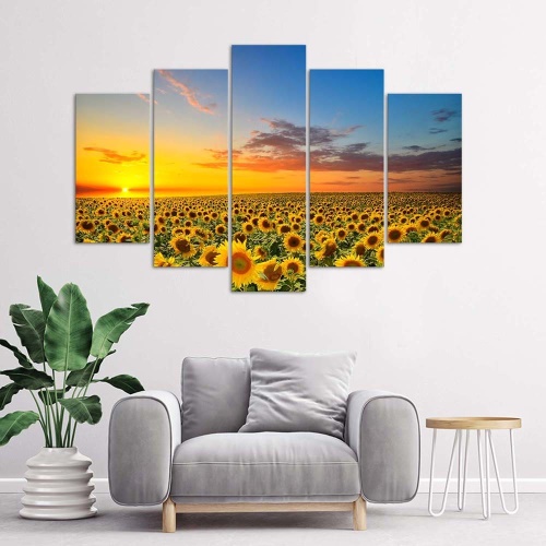 Obraz na plátně pětidílný Západ slunce se slunečnicemi