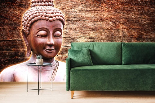 Samolepící tapeta socha Buddhy na dřevěném pozadí