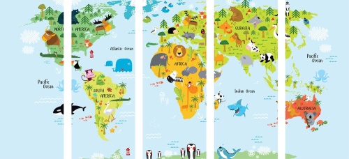 5-dílný obraz dětská mapa světa se zvířátky