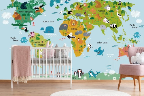 Tapeta mapa světa pro děti se zvířátky