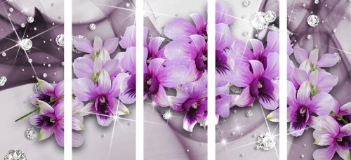 5-dílný obraz fialové květy na abstraktním pozadí