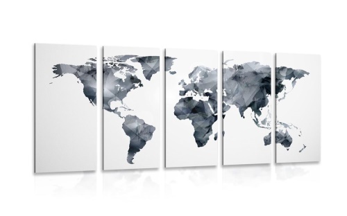 5-dílný obraz polygonální mapa světa v černobílém provedení