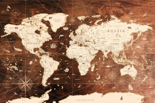 Tapeta mapa světa na dřevěném podkladu