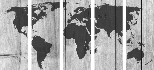 5-dílný obraz černobílá mapa na dřevěném pozadí
