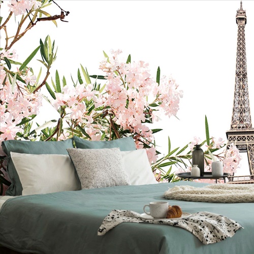 Tapeta růžové květiny s Eiffelovou věži