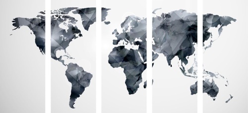 5-dílný obraz polygonální mapa světa v černobílém provedení