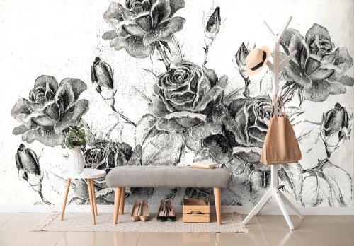 Samolepící tapeta černobílá vintage kytice růží