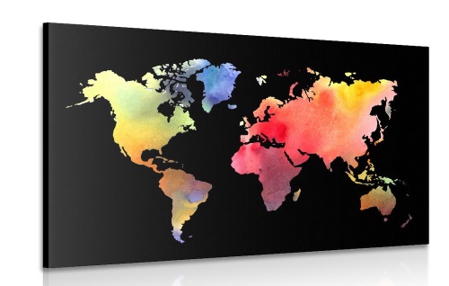Obraz mapa světa v akvarelu na černém pozadí