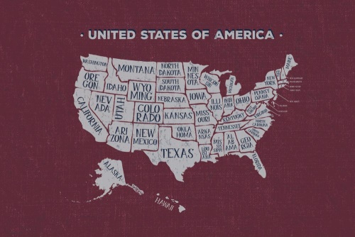 Samolepící tapeta naučná mapa USA s bordóvým pozadím