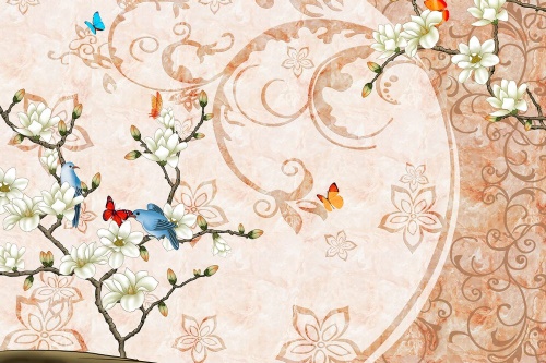 Tapeta vintage zátiší s ptáčky a motýly