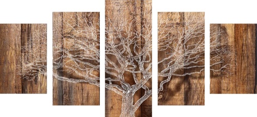 5-dílný obraz strom s imitací dřevěného podkladu