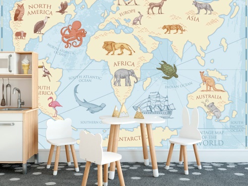 Tapeta mapa světa s lodí a zvířaty