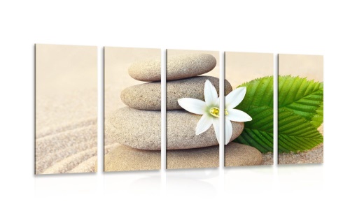 5-dílný obraz bílý květ a kameny v písku