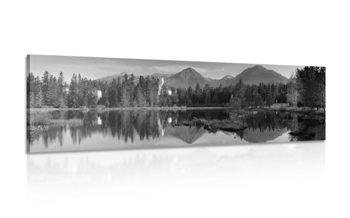 Obraz nádherné panorama hor u jezera v černobílém provedení