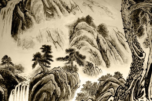 Obraz čínská krajinomalba v sépiovém provedení