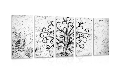 5-dílný obraz symbol stromu života v černobílém provedení