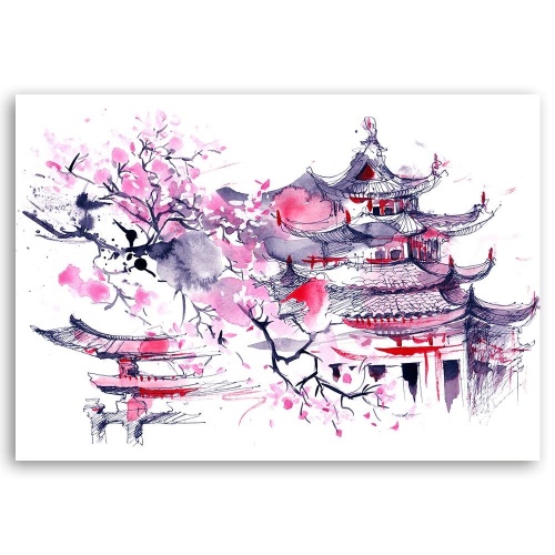 Obraz na plátně, Třešňový strom Japonsko Malovaná pagoda