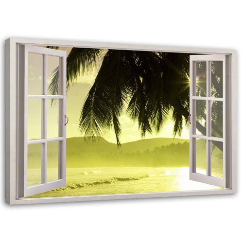 Obraz na plátně Pohled z okna na palmy při západu slunce
