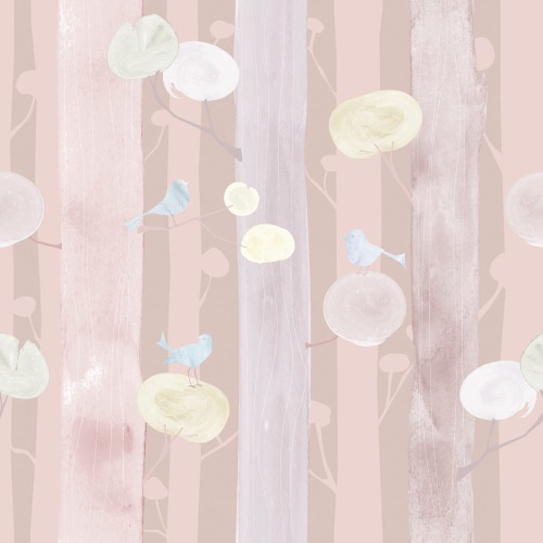 Samolepící tapeta ptáčci na stromech s růžovým pozadím - 75x1000 cm