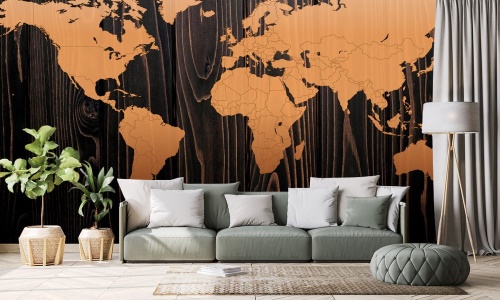 Tapeta oranžová mapa světa na dřevě