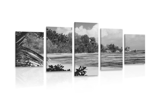 5-dílný obraz pláž na ostrově La Digue v černobílém provedení