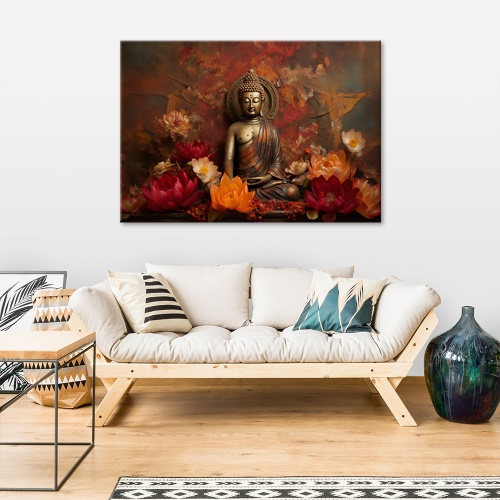 Obraz na plátně, buddha podzimní listy