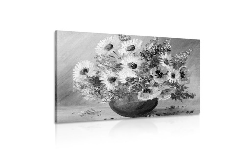 Obraz olejomalba letních květů v černobílém provedení