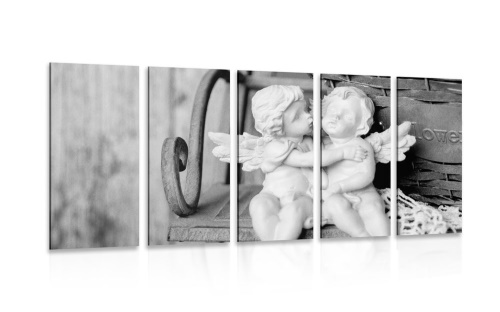 5-dílný obraz sošky andílků na lavičce v černobílém provedení