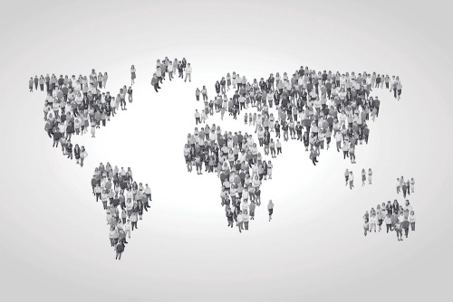 Samolepící tapeta černobílá mapa světa sestávající z lidí