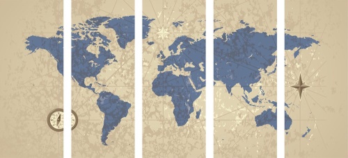 5-dílný obraz mapa světa s kompasem v retro stylu
