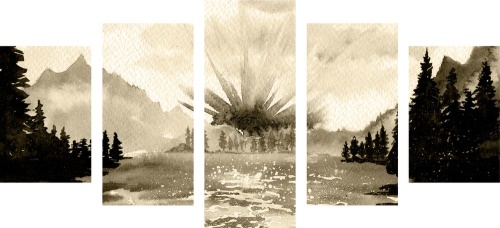 5-dílný obraz kreslená krajina v sépiovém provedení