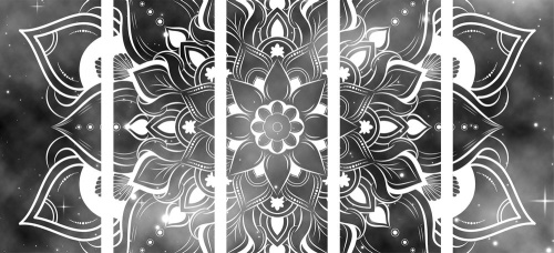 5-dílný obraz moderní Mandala s orientálním vzorem v černobílém provedení