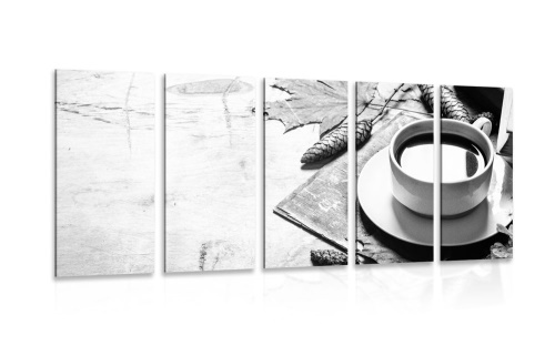 5-dílný obraz šálek kávy v podzimním nádechu v černobílém provedení
