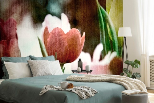 Samolepící tapeta louka tulipánů v retro stylu