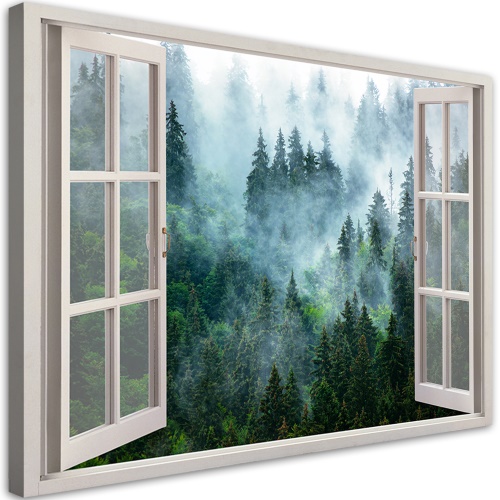Obraz na plátně, Okno zeleného lesa v přírodě mlhy