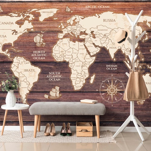 Tapeta mapa světa na dřevě