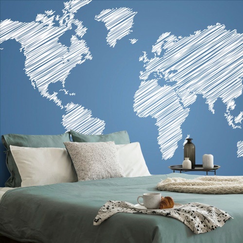 Tapeta šrafovaná mapa světa na modrém podkladu