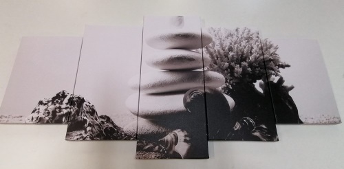 5-dílný obraz Zen kameny s mušlemi v černobílém provedení