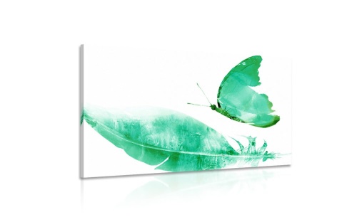 Obraz pírko s motýlem v zeleném provedení
