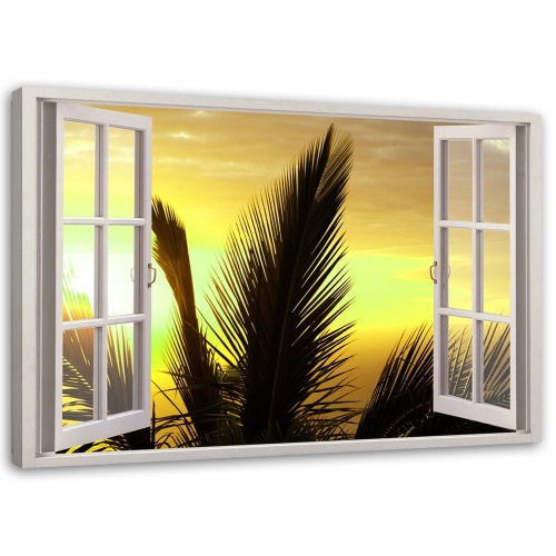 Obraz na plátně Výhled z okna Palmy Západ slunce