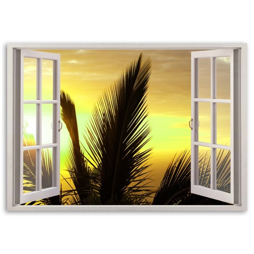 Obraz na plátně Výhled z okna Palmy Západ slunce