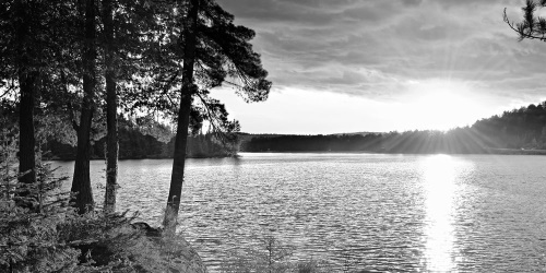 Obraz západ slunce nad jezerem v černobílém provedení