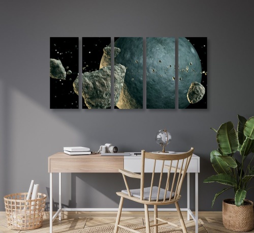 5-dílný obraz meteority v okolí planety