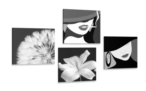 Set obrazů dámy v černobílém provedení