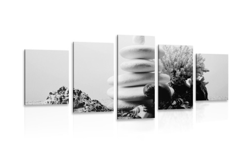 5-dílný obraz Zen kameny s mušlemi v černobílém provedení